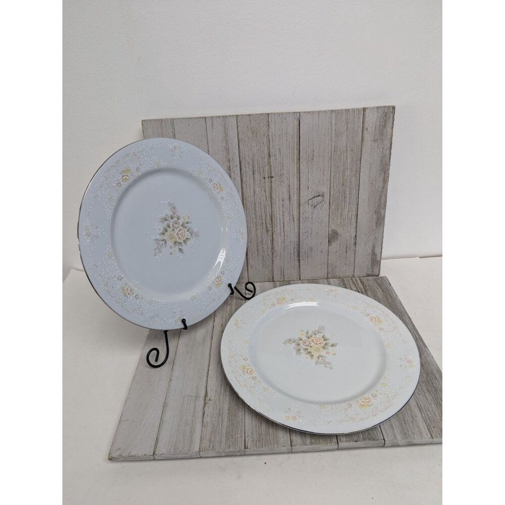 Set 2 Crescent Fine China Jie Pai Dinner Plates Yellow Floral 10 1/2" Silver